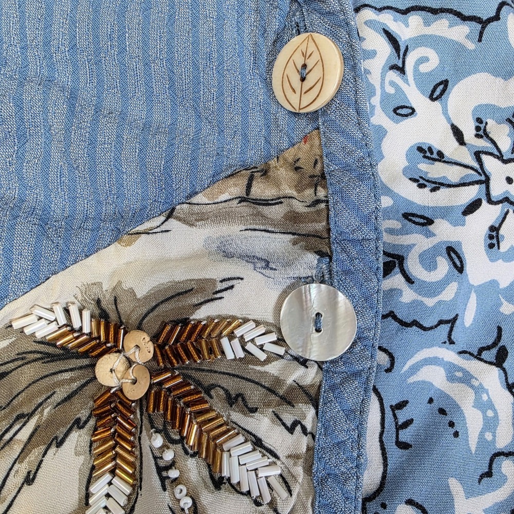 Womens Medium Boho Chic Coastal Patchwork Beaded Wood Cropped Button Up Shirt - Picture 9 of 14